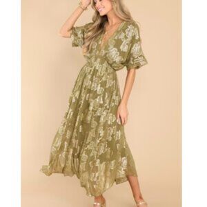 NWT Olive Green/Metallic Floral Midi Dress